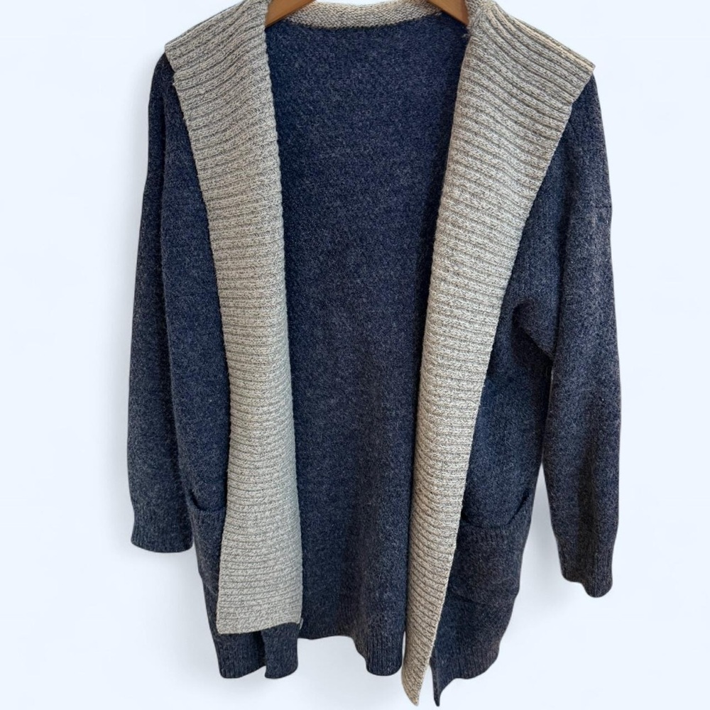 Navy and Gray Cozy Hooded Cardigan with knitted details